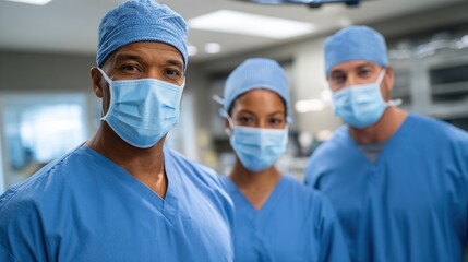 A diverse group of healthcare professionals wearing blue scrubs and masks in a hospital setting, ready for surgery. Focused and prepared.