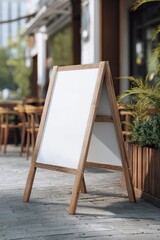 Empty wooden sidewalk sign, cafe setting