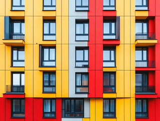 Fototapeta premium Colorful Facade of Modern Apartment Building with Geometric Design and Balconies in Urban Setting Architecture