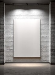 Blank white canvas on brick wall, spotlights