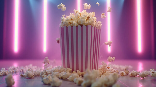Popcorn spilling from a striped box creates a fun and colorful display in a vibrant setting