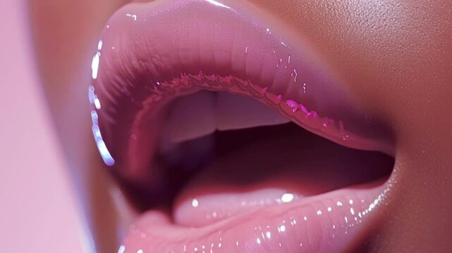 Glossy, wet looking lips revealing diverse expressions against pink backdrop, showcasing beauty and cosmetic industry aesthetics with professional, sensual approach