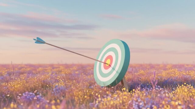 Archery target practice in flower field with arrow hitting bullseye for success and accuracy concept