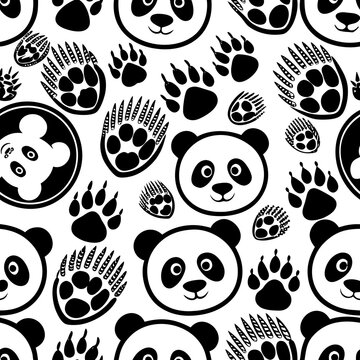 Cute black and white panda faces and paw prints seamless pattern background