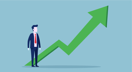 A businessman stands confidently before a large green upward trending arrow, symbolizing business growth, success, and financial progress in a modern, illustrated style.