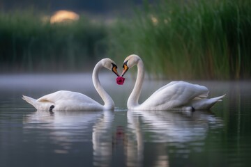 Obraz premium Two swans forming a heart shape on a misty lake