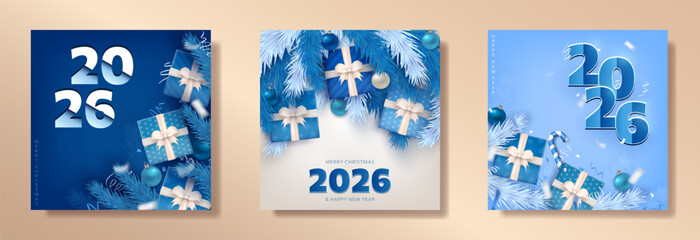 Set of New Year square greeting cards with blue 2026 numbers, 3d icy pine branches, baubles, gifts with ribbons, candy canes as holiday decor frame on frosty backgrounds. Christmas celebration banners