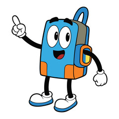 Fototapeta premium A playful cartoon backpack animatedly points with its finger, full of personality and charm, making learning and adventure fun for kids everywhere. 