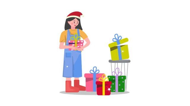 Christmas girl with gifts icon animation. 4k video Christmas