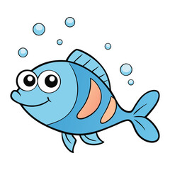 A cheerful cartoon fish swims happily, blowing playful bubbles, with vibrant colors and a whimsical underwater vibe, perfect for kids’ designs and fun illustrations.
