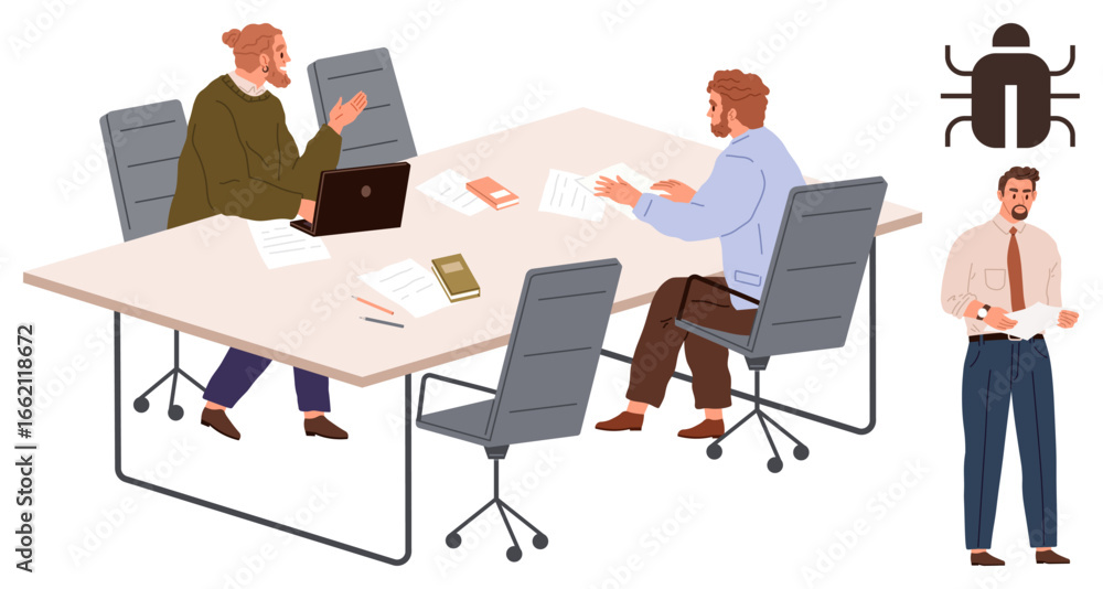 Poster group of three professionals working at a table with documents, laptop, and bug symbol nearby. ideal