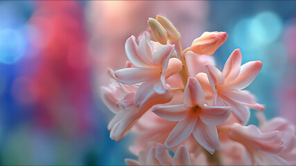 Fototapeta premium Ethereal Peach-Pink Hyacinth Blossoms Against a Dreamy, Colorful Bokeh