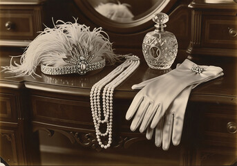 1920s Flapper Fashion Accessories with Pearls and Feathers