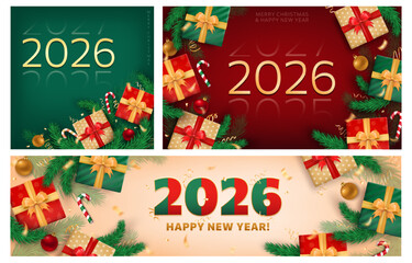 Happy New Year 2026 banners set. Realistic 3D cards with gift boxes, fir branches, candy canes, golden confetti on beige, green, red background. Festive holiday posters. Merry Christmas celebration