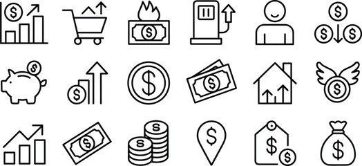 Vectorizer finance economy icons set, money growth chart, inflation symbols, investment budget tools, financial strategy vector, cash flow graphics