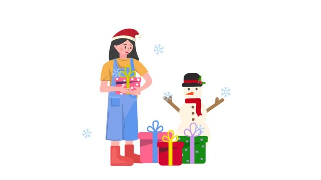 Christmas girl with gifts icon animation. 4k video Christmas,Snowman
