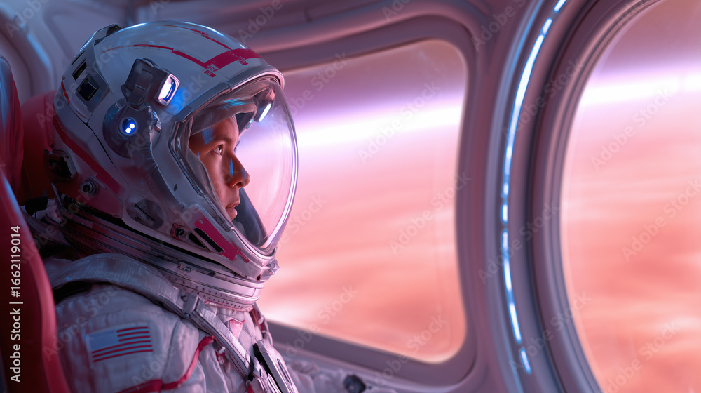 Poster an astronaut gazes out at the red planet from a spacecraft, contemplating the future of mars coloniz