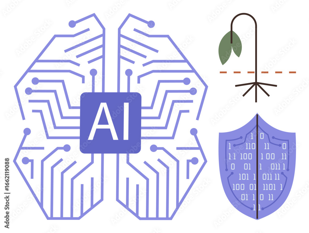 Poster ai brain circuit highlights artificial intelligences potential, paired with a secure data shield and