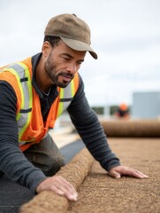 A construction worker carefully lays down roofing material on a building site. The scene captures focus and dedication in a cloudy environment.