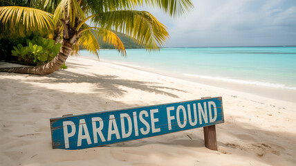 Tropical Beach with Palm Trees and "Paradise Found" Sign by the Ocean