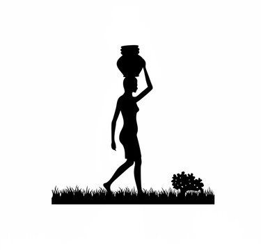 Farmer woman balancing pot of water on head, walking silhouette on white background