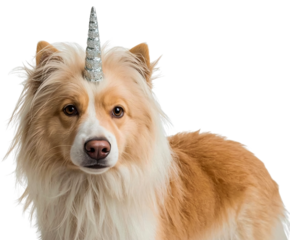 Fluffy dog unicorn horn studio portrait, whimsical
