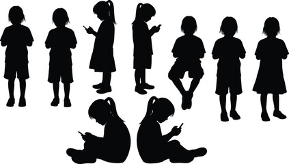 PrintSilhouette of children standing and sitting using smartphones representing digital lifestyle, screen addiction, technology influence, modern communication, and device usage.