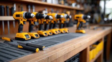 Fototapeta premium A lineup of yellow power drills on a wooden workbench in a workshop setting, showcasing tools for construction and repair tasks.