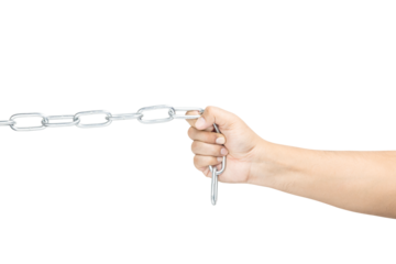 Hand pulling a metal chain, demonstrating strength, effort, and resistance. isolated on white background with clipping path.