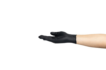 Open hand palm gesture in a black glove, for offering, receiving, or showing something empty. isolated on white background with clipping path.