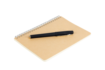 Black pen on a spiral craft paper notebook for writing, journaling, planning, or study, isolated on white background with clipping path.