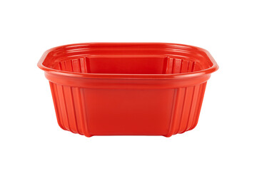 Empty red square plastic container for food storage, takeaway box, or product packaging, isolated on white background with clipping path.