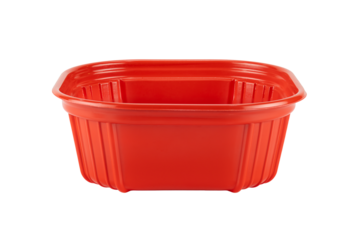 Empty red square plastic container for food storage, takeaway box, or product packaging, isolated on white background with clipping path.