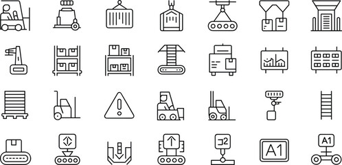 Vectorizer warehouse logistics icons set, forklift and pallet illustrations, container handling graphics, conveyor belt symbols, inventory management, safety warnings, storage facility vectors © Maisa