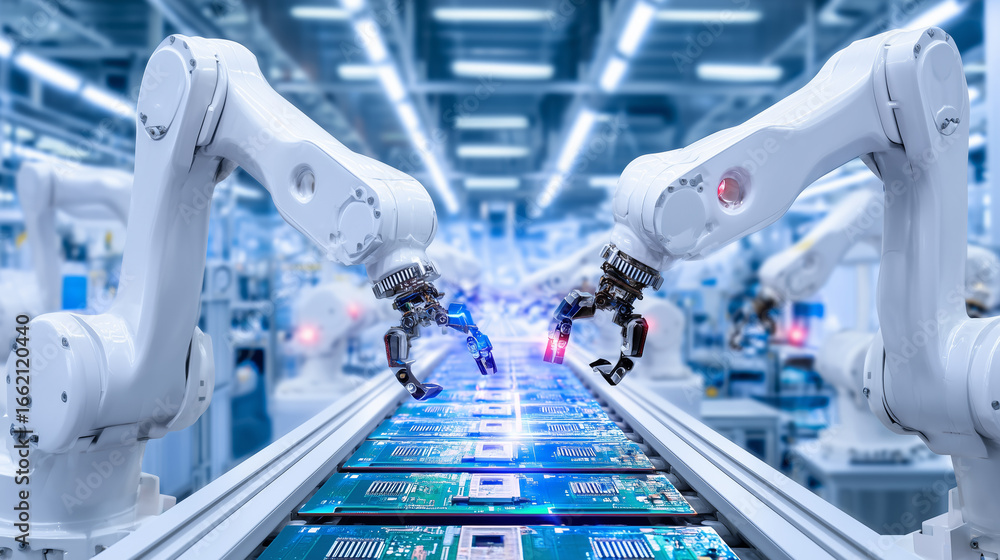 Poster two robotic arms engage in the precise assembly of electronic components on a conveyor belt within a