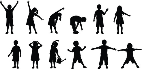 PrintSilhouette vector of children performing various stretching, playing, and active poses promoting fitness, exercise, and healthy lifestyle for kids.