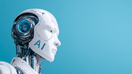 An advanced robotic humanoid stands out with intricate details and a clear focus on artificial intelligence elements. The smooth surface is highlighted against a light blue backdrop