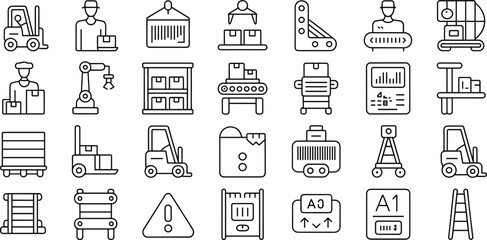 Warehouse Icons Vector Set, Logistics, Storage, Forklift, Inventory, Delivery, Supply Chain, Packaging, Factory, Automation, Cargo, Distribution