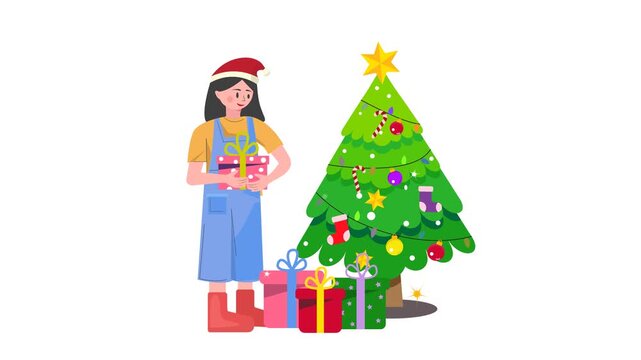 Christmas tree and gifts with girl animated icon,4k video,Christmas tree,Christmas