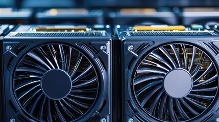 Digital currency mining rig fan, rotating blades, subtle light