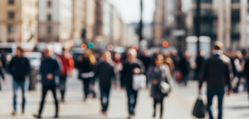 Blurred crowd of people walking on a street in a city setting, surrounded by busy traffic, glowing signs, and the vibrant pulse of modern urban life.