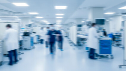 Obraz premium Blurred hospital interior with medical staff and equipment in a bright environment, featuring clean walls, sterile design, and a professional healthcare atmosphere.