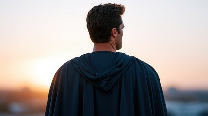 A heroic figure wearing a dark cloak stands against a sunset, gazing over a city skyline. The mood is inspiring and contemplative, ideal for themes of courage and hope.