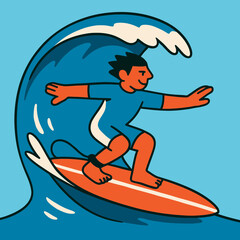 A Surfer Joyfully Rides A Stylized Blue Wave On An Orange Board Against The Sky Backdrop