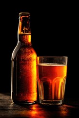 Amber beer bottle and glass on dark wood
