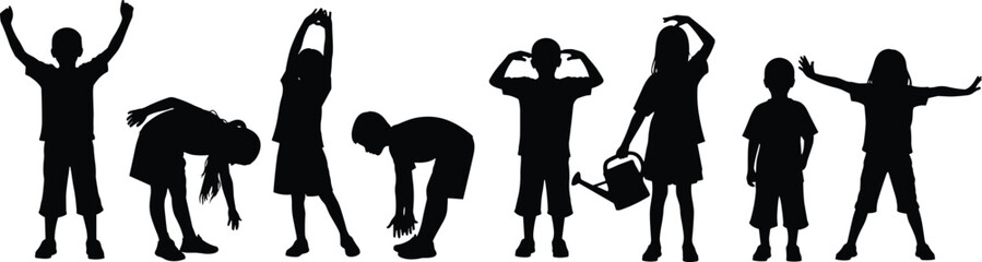 PrintSilhouettes of children stretching, playing, and exercising outdoors showing active lifestyle, physical activity, fitness, body movement, and healthy habits.