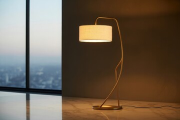 Modern arc floor lamp illuminating a room with city view