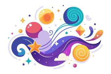 Vibrant cosmic design with swirling shapes, stars, and celestial elements, perfect for modern branding, website backgrounds, and creative projects, evoking wonder and fantasy
