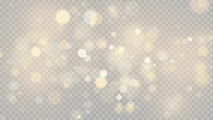 Golden dust light png. Christmas glowing bokeh confetti and sparkle overlay texture for your design. Stock royalty free vector illustration. PNG	