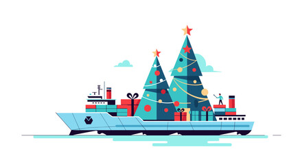 Fototapeta premium Festive christmas trees and gifts adorn a modern ship deck celebrating the holiday season with joyful decorations